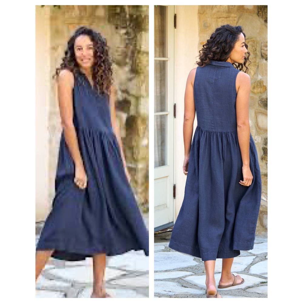 Frank & Eileen Daphne Popover Linen Maxi Dress Women Medium Navy Blue Sleeveless